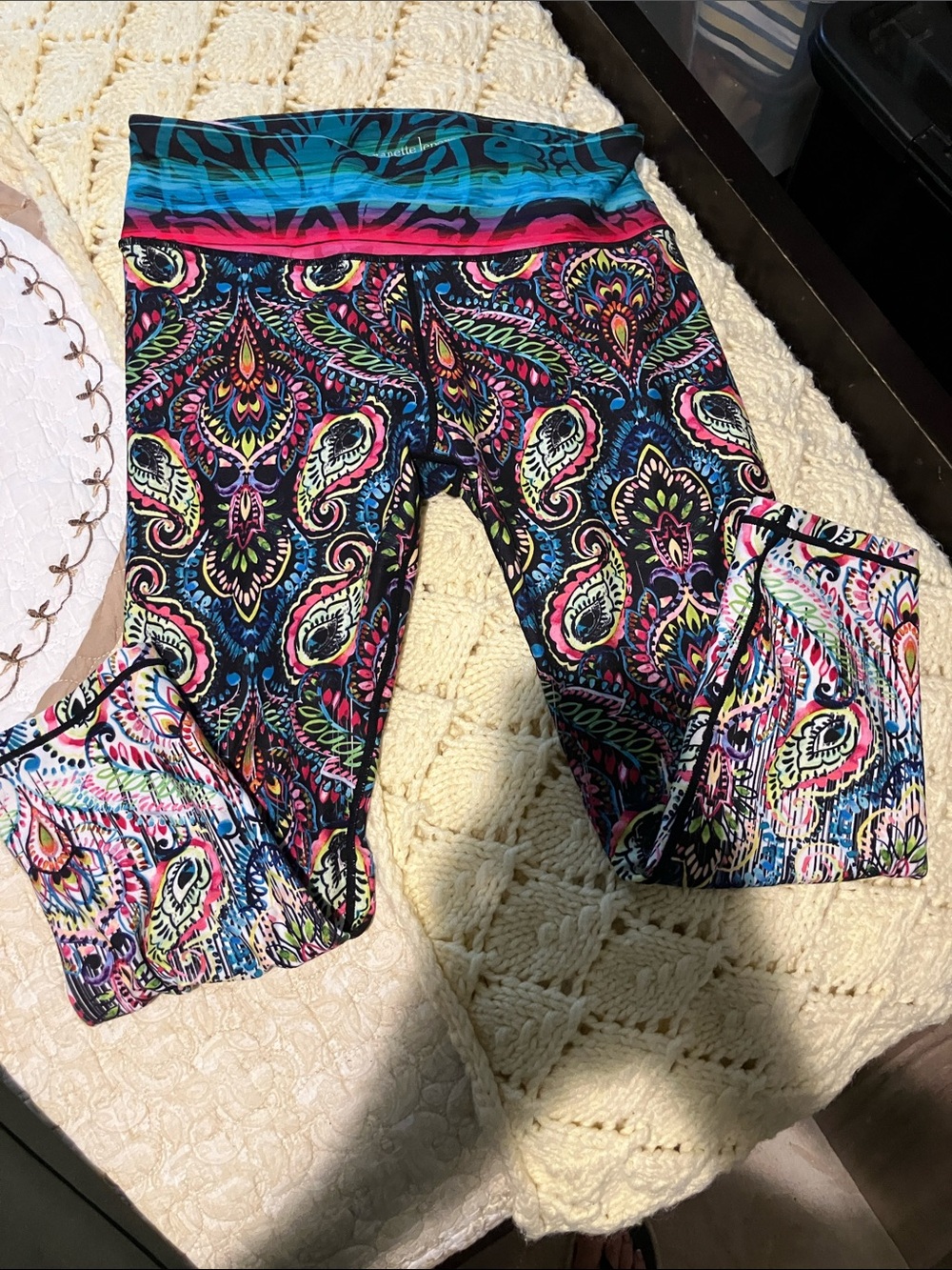 Nanette Lepore women’s Paisley Capri Leggings in Black, Blue, Pink and Green